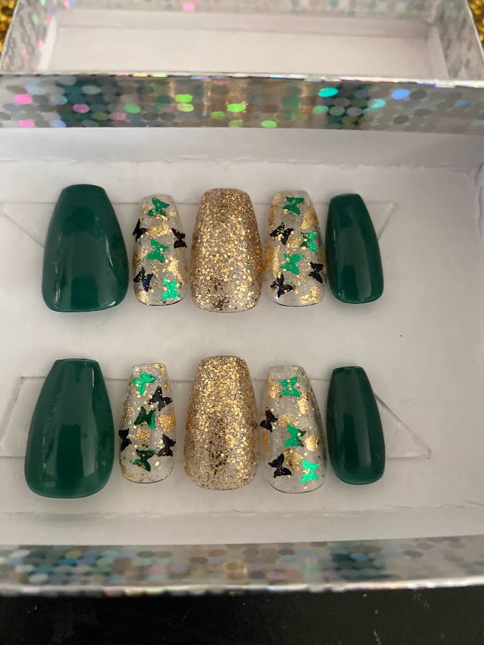 Emerald Butterfly Gold Glitter Press-On Nail Set