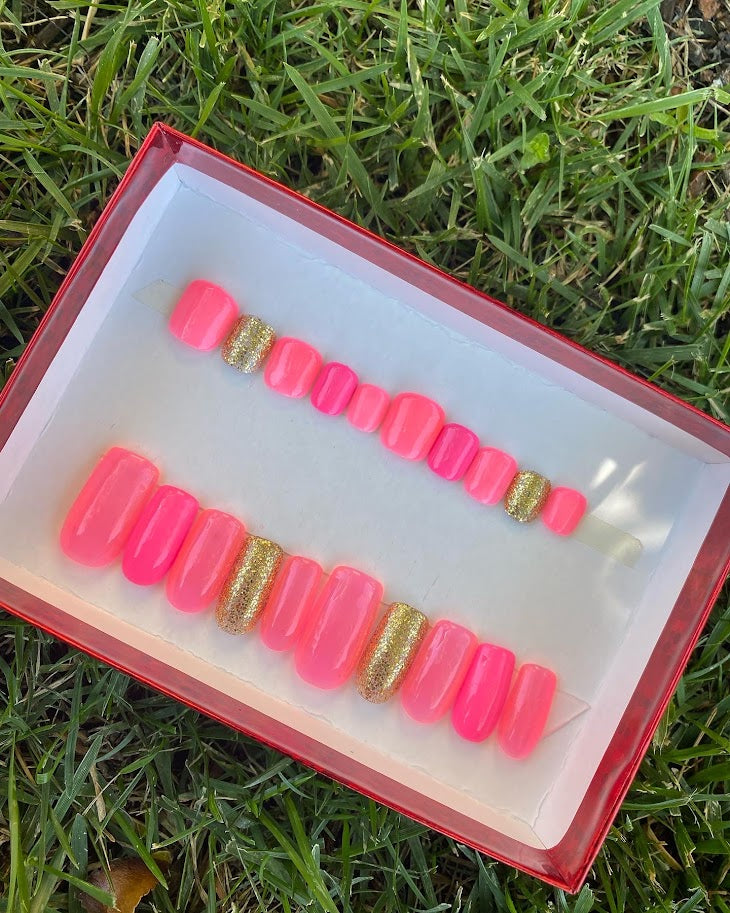 Mommy & Me Hot Pink Gold Glitter Square Press-On Nail Set