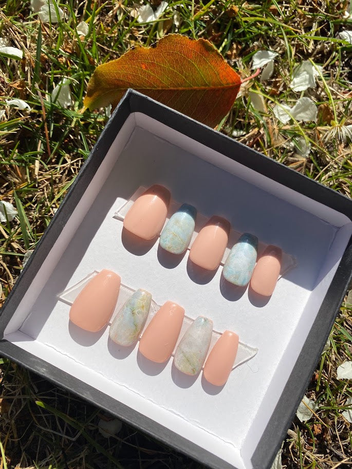 Peach Coral & Marble Press-On Nail Set