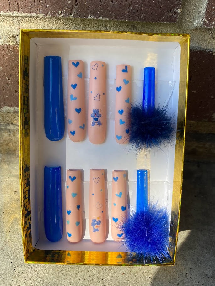Care Bear blue hearts coffin press-on nail set with pom pom accent nails